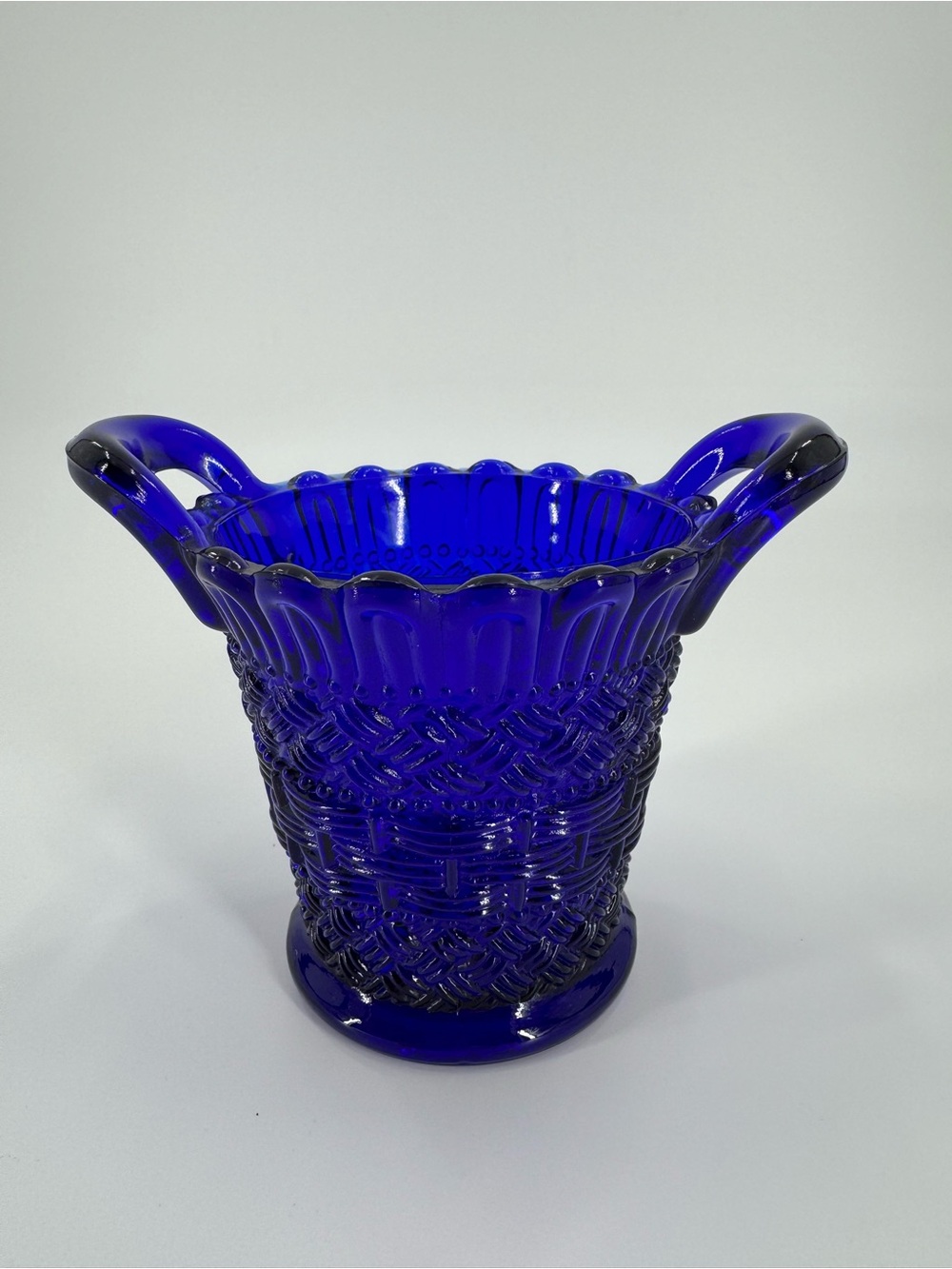 Vintage Mosser Cobalt Blue Glass Basketweave Toothpick Holder Basket